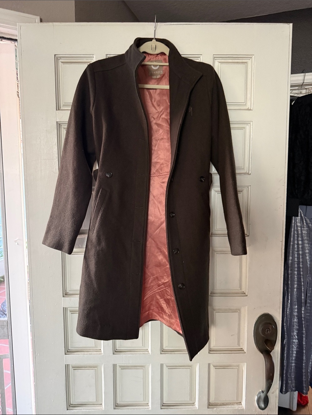 Stüssy Women’s Wool Blend Long Coat Brown High Collar Belted Size Large - Picture 3 of 15